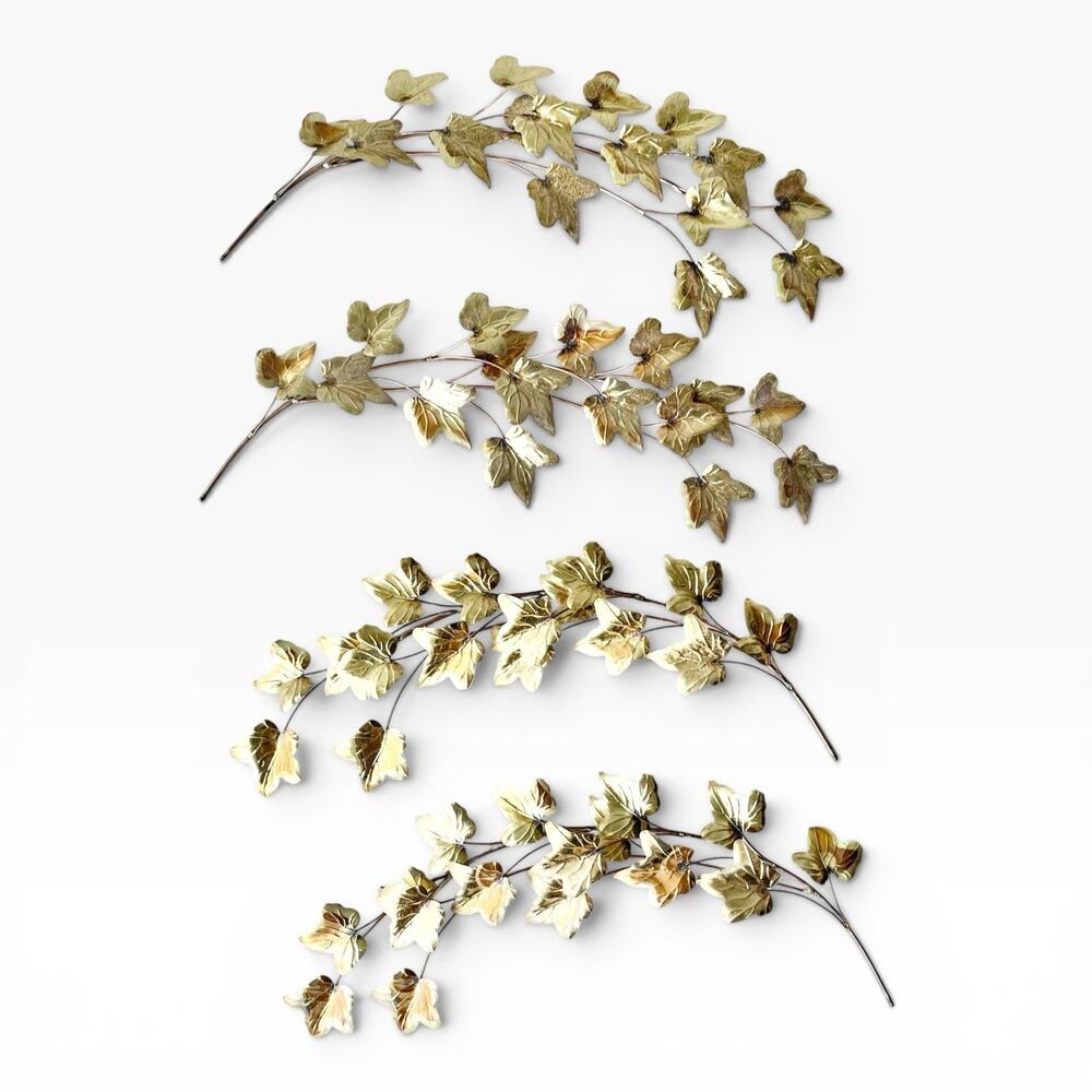 1970s Vintage Curtis Jere-Style 4 Gold Metal Leaf Wall Hanging Sculpture 17”
